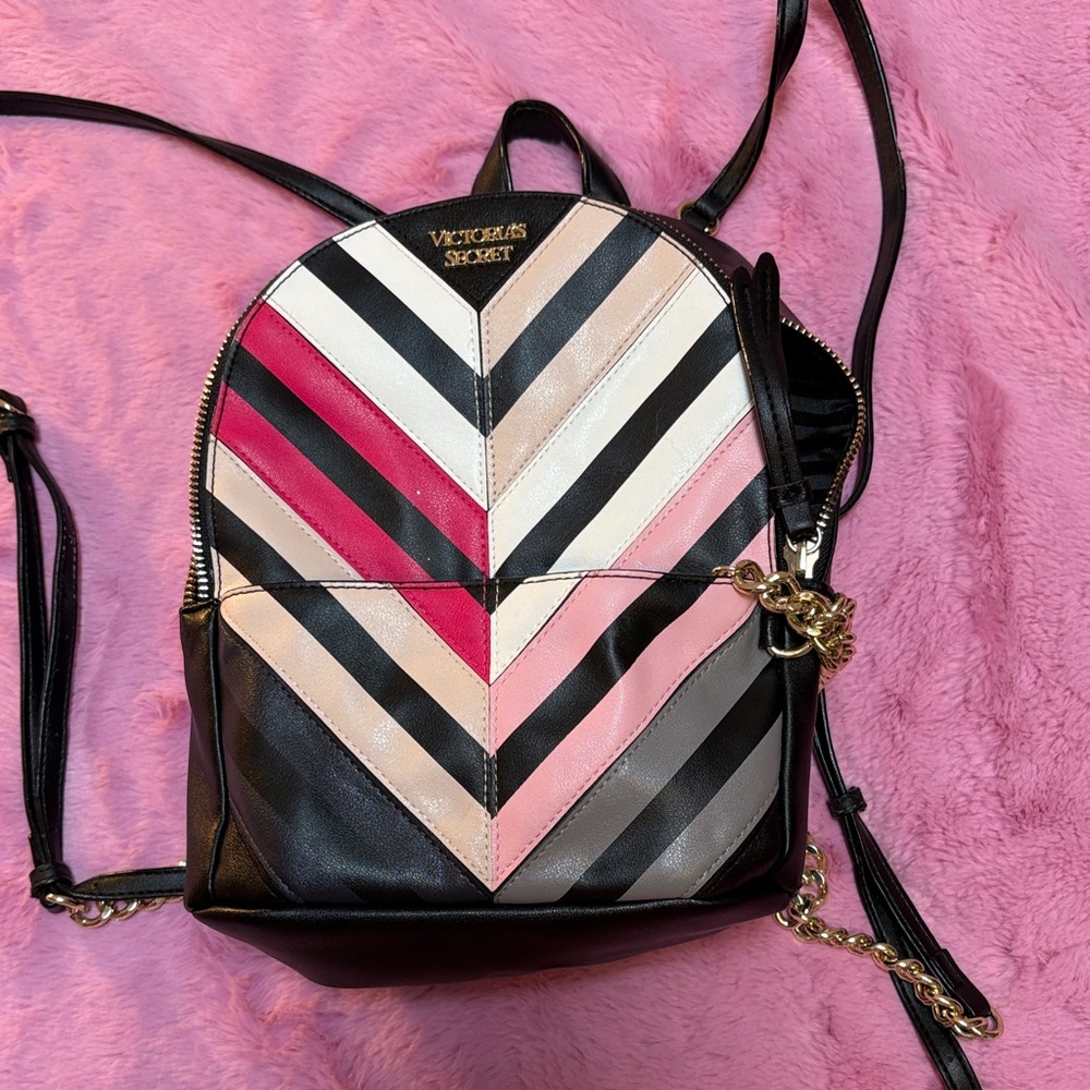 Victoria's Secret Mini Chevron Backpack in Black, Pink, and White